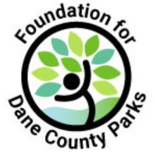 Logo for the Foundation for Dane County Parks. A stick figure holding leaves above its head. 