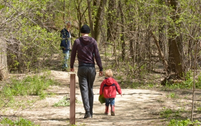 Man and child walking on path through woods